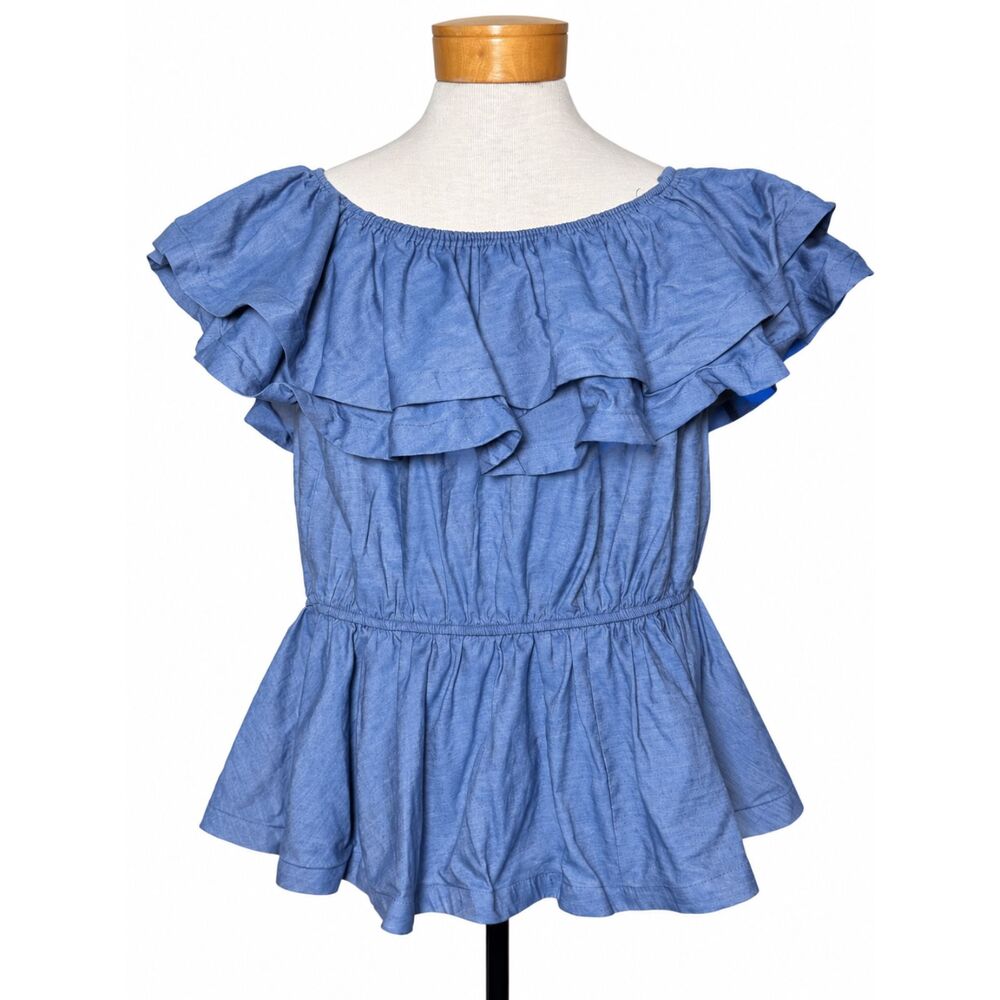 Ashley Stewart Plus Size 24 Cotton Chambray Off-the-Shoulder Smocked Waist Top